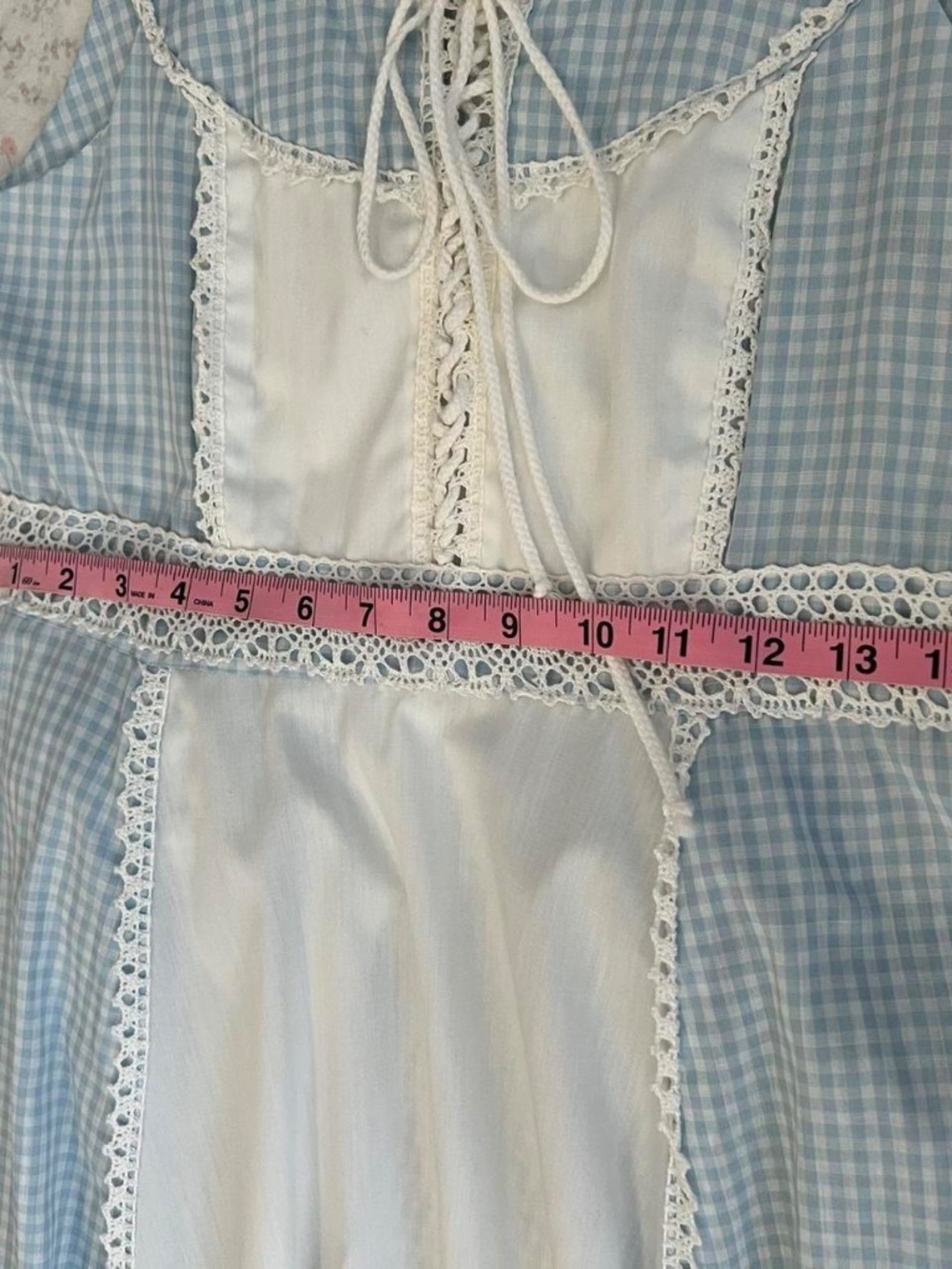 Rare 70s Gunne Sax Dress Sleeveless Light Blue Gingham Lace Corset Prairie - Picture 8 of 8